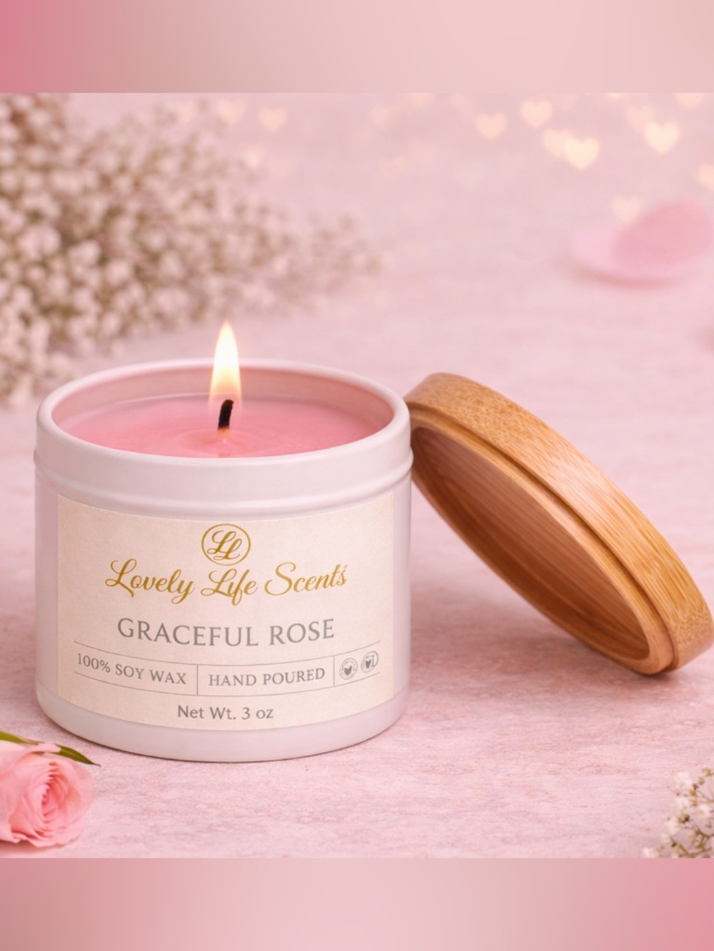 Graceful Rose Mini 3.5oz Premium Soy Wax Candle, Sweet Floral Aroma